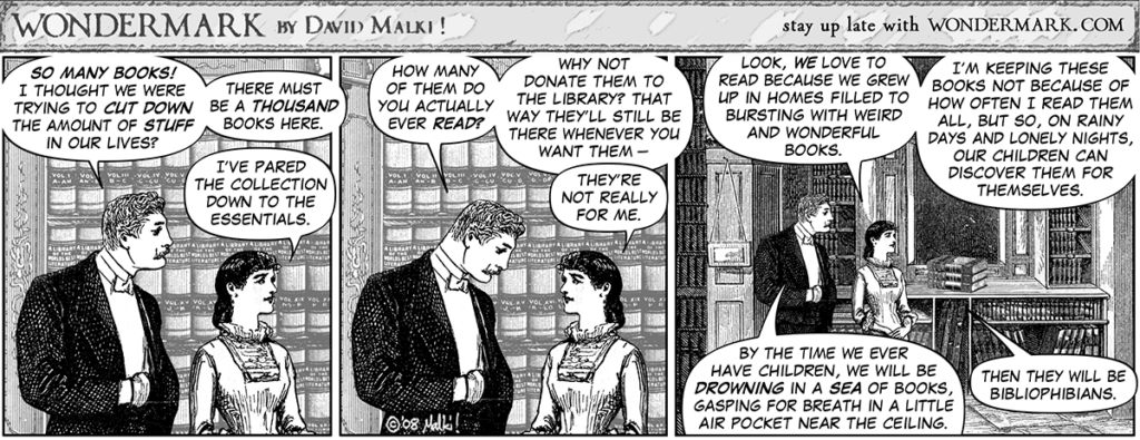 Comic strip with old-timey art featuring an argument between a man and woman over whether to keep the books.