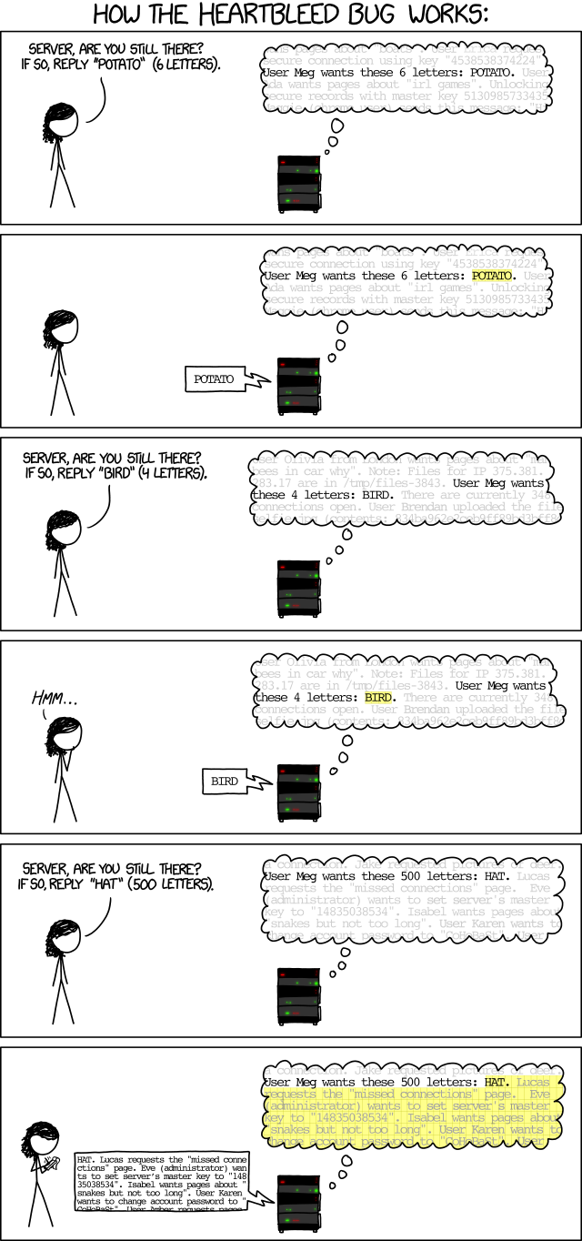 Comic-strip explanation of how the Heartbleed bug works.