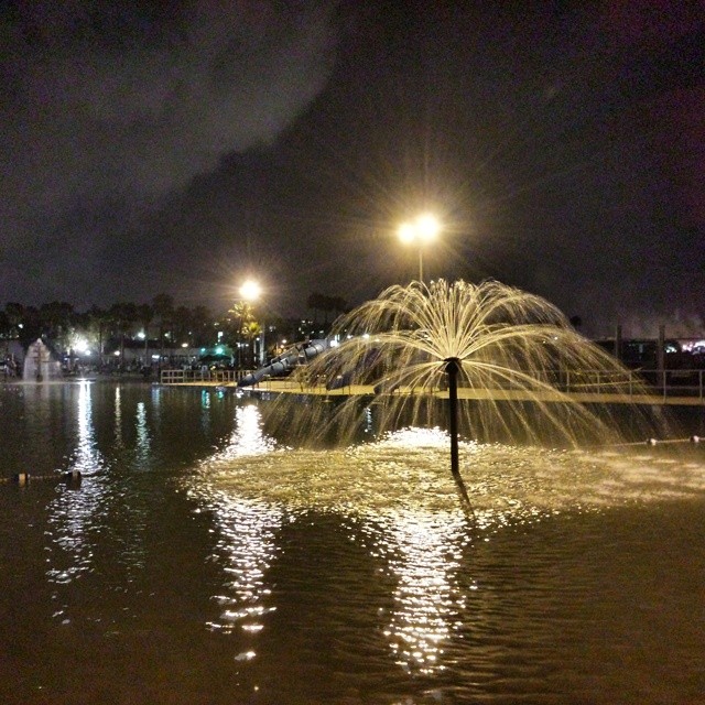 Fountains in the lagoon after the fireworks.
