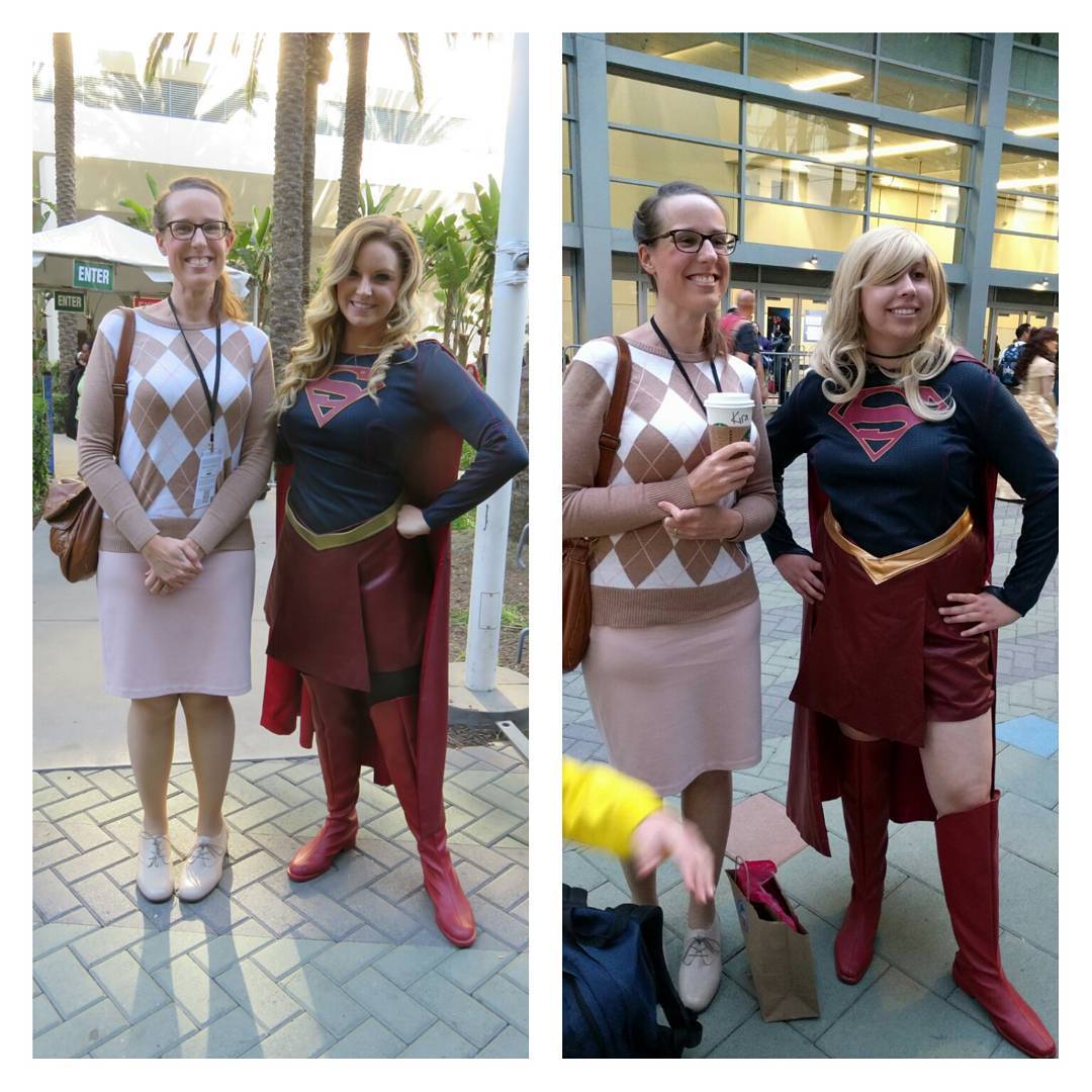 Dual identity: Kara Danvers meets Supergirl at WonderCon

Edit: @casualcosplaykatie as Kara Danvers, @houseofnyecosplay as the Supergirl on the right. Anyone know who the Supergirl on the left is?