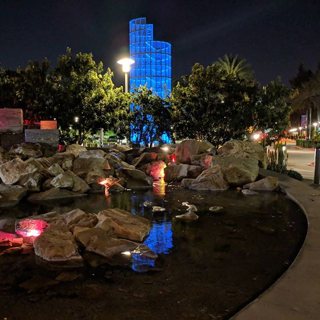Nighttime fountain at the Anaheim Convention Center. This was a popular spot for cosplay photos even after sunset, but I managed to catch an angle that looked deserted