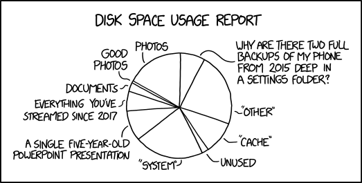 Humorous pie chart of disk usage, including things like photos, good photos (much smaller), everything you've ever streamed, and why are there two full backups of my phone from 2015 deep in a settings folder?