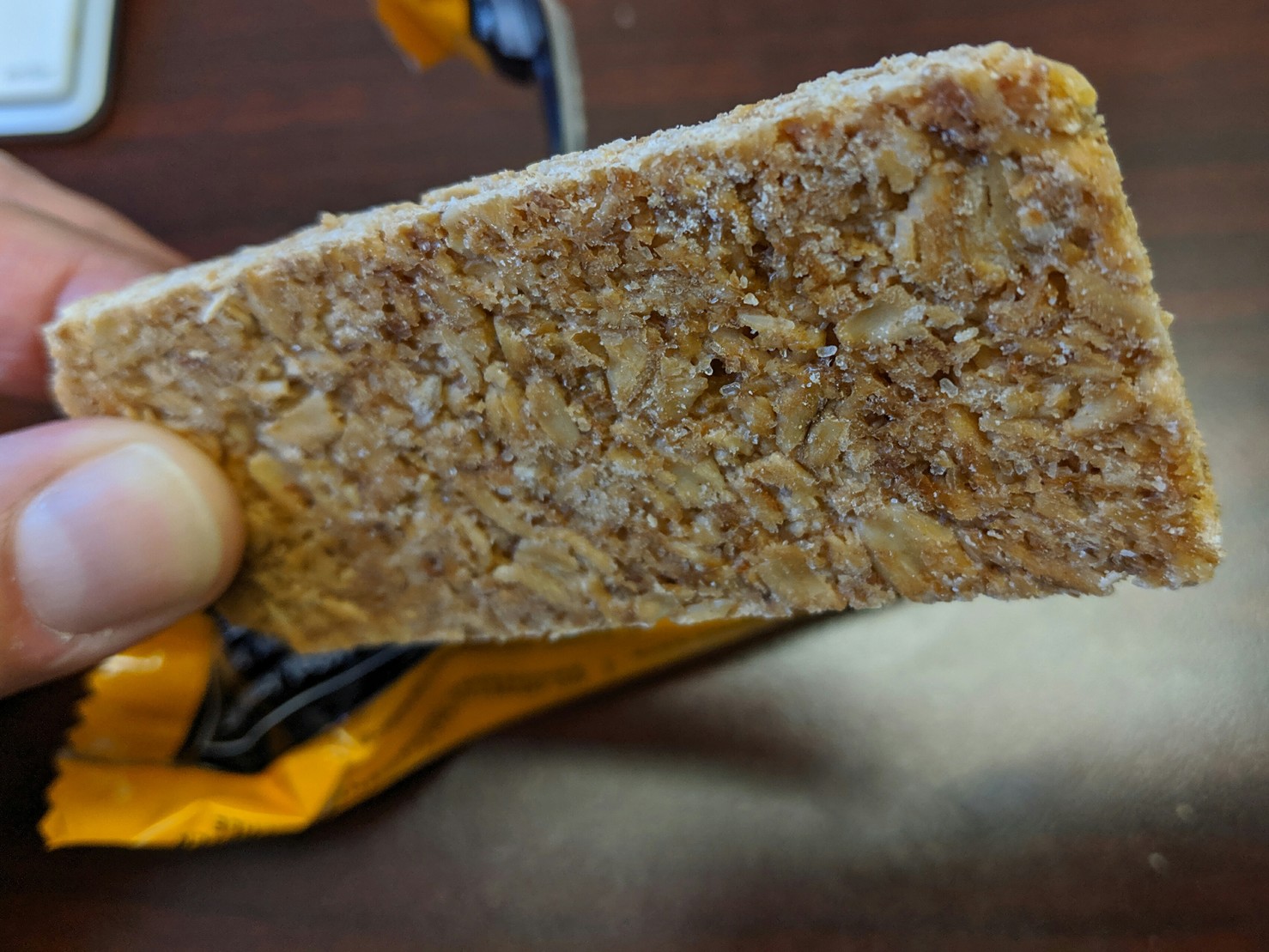 This granola bar looks disturbingly like a small piece of thin chipboard.