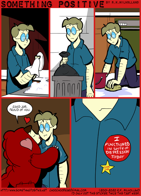 5-panel comic: doing chores around the house, getting a 