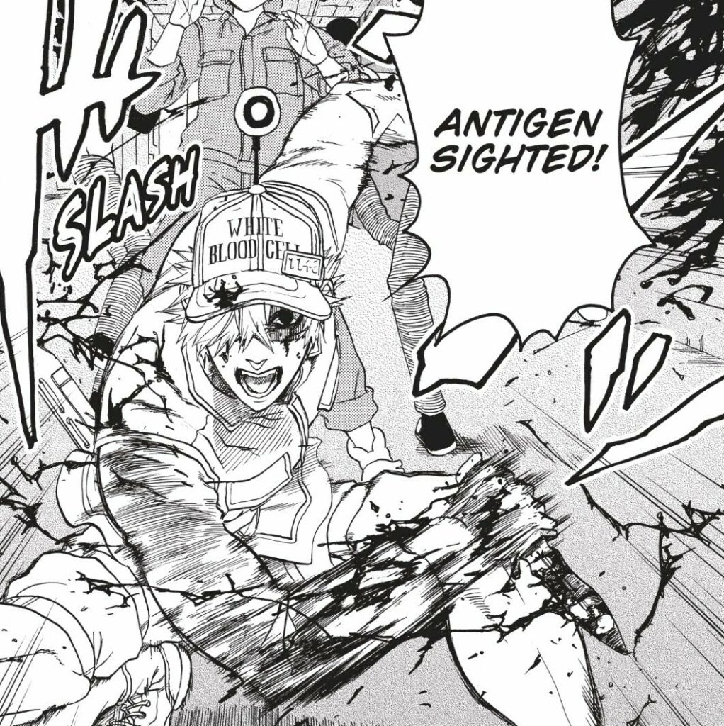 Scan from the manga Cells at Work showing a man in a White Blood Cell cap shouting \