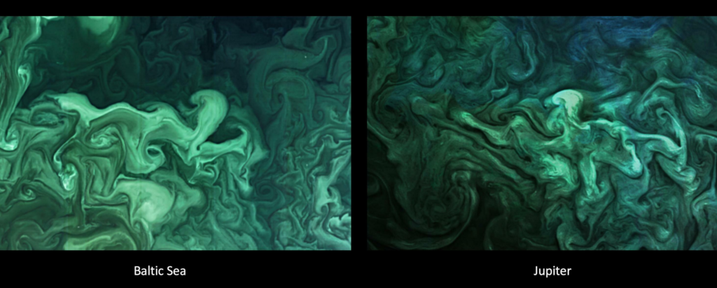 Two images, both colored in shades of green, showing similar complex swirls and filaments.
