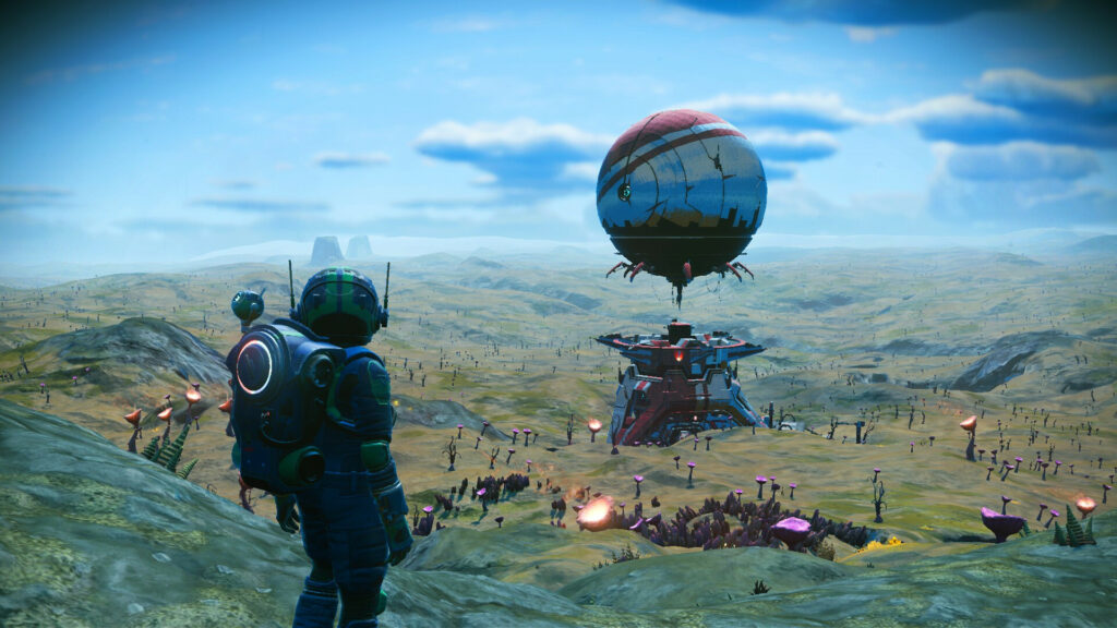 Computer image of an astronaut looking over a hilly landscape with strange plants toward a large symmetrical building with a large reflective sphere floating above it, clouds in the distance.