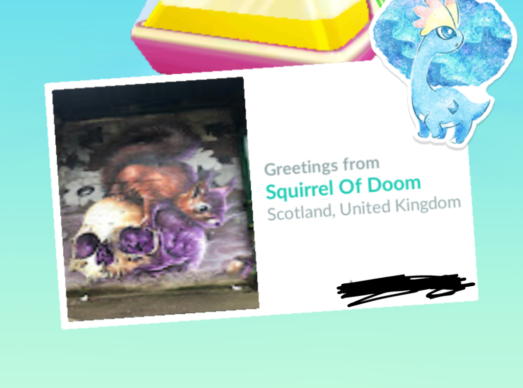 Digital postcard featuring a mural of a squirrel on a skull, labeled as described in the text (except with title case, not all-caps).