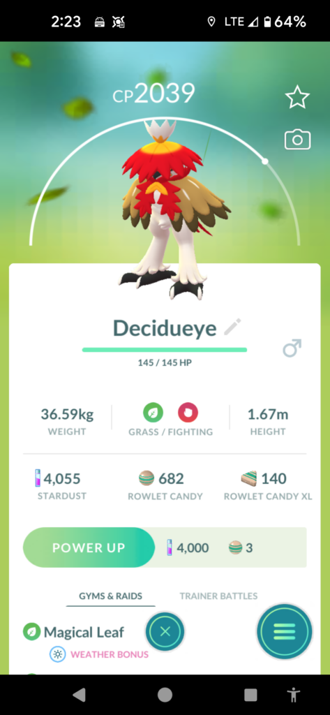 Screenshot of a variant Decidueye (which evolves from an owl-type) in Pokemon Go.